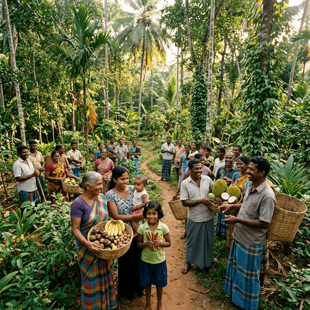A thriving community of Sri Lankan farmers in a lush food forest