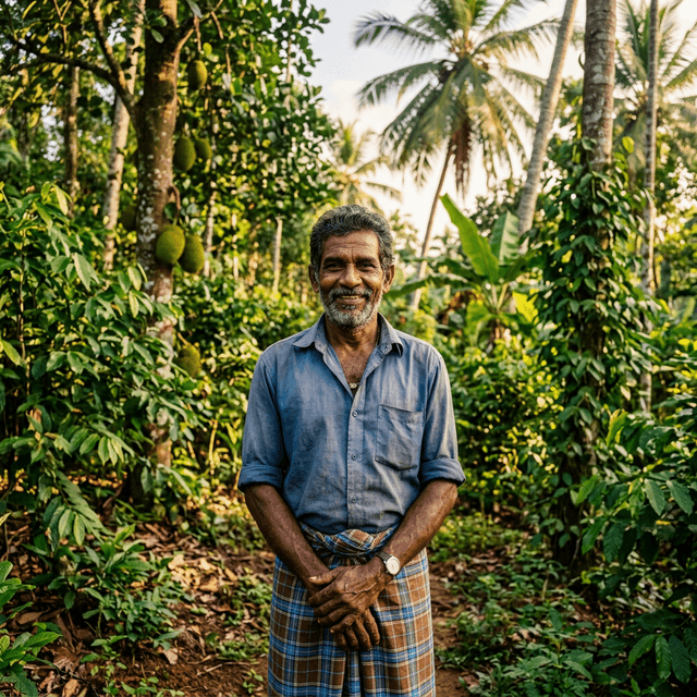 A partner farmer smiling in the food forest